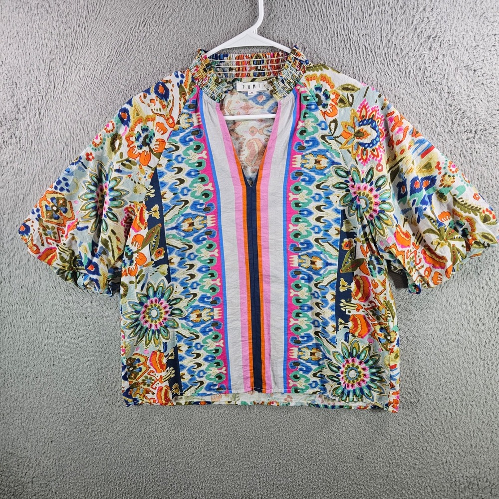 THML Womens Boho Ikat Floral Smocked Mock Neck Puff Sleeve Blouse M